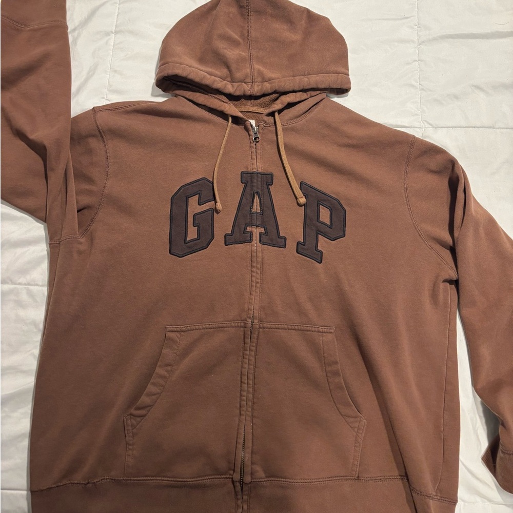 Brown Gap zip-up hoodie • worn